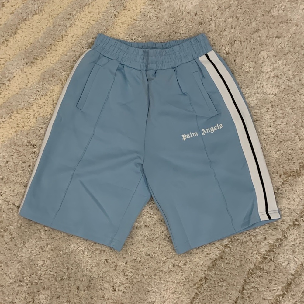 Palm Angels Blue & White Striped Track Print Logo Shorts Men’s Size Medium